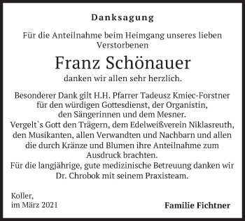 Traueranzeige von Franz Schönauer von merkurtz
