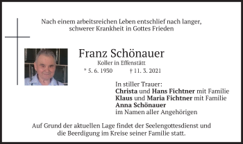 Traueranzeige von Franz Schönauer von merkurtz