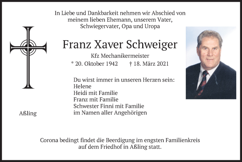  Traueranzeige für Franz Xaver Schweiger vom 20.03.2021 aus merkurtz