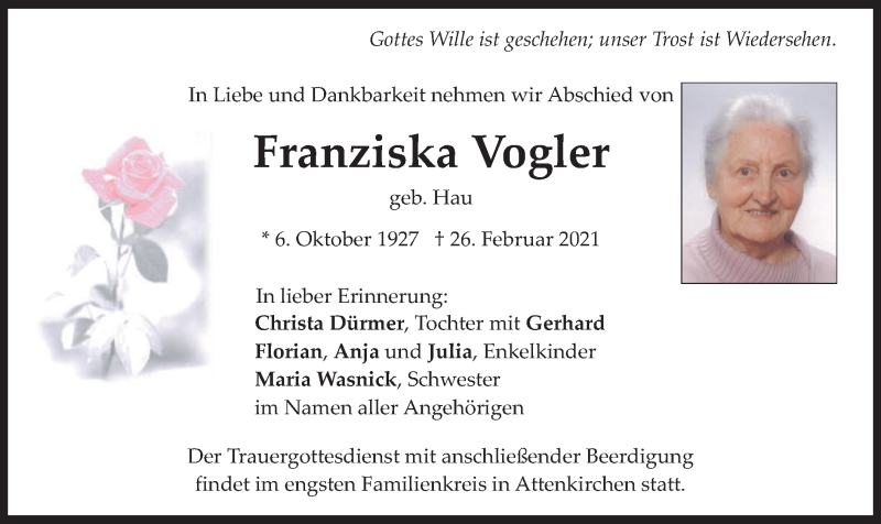  Traueranzeige für Franziska Vogler vom 02.03.2021 aus merkurtz
