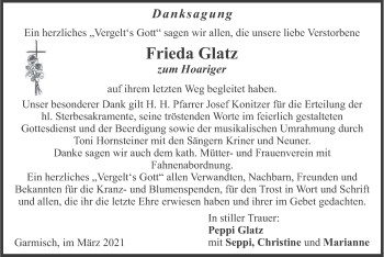 Traueranzeige von Frieda Glatz