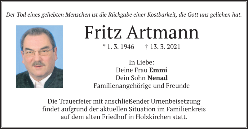 Traueranzeige für Fritz Artmann vom 24.03.2021 aus merkurtz