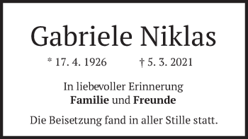 Traueranzeige von Gabriele Niklas von merkurtz