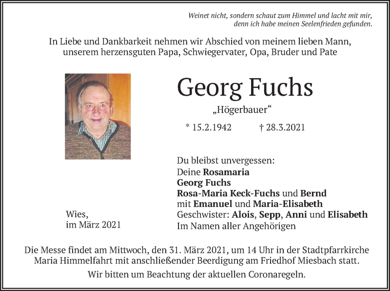  Traueranzeige für Georg Fuchs vom 30.03.2021 aus merkurtz