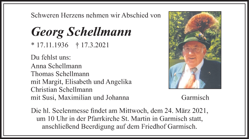  Traueranzeige für Georg Schellmann vom 20.03.2021 aus merkurtz