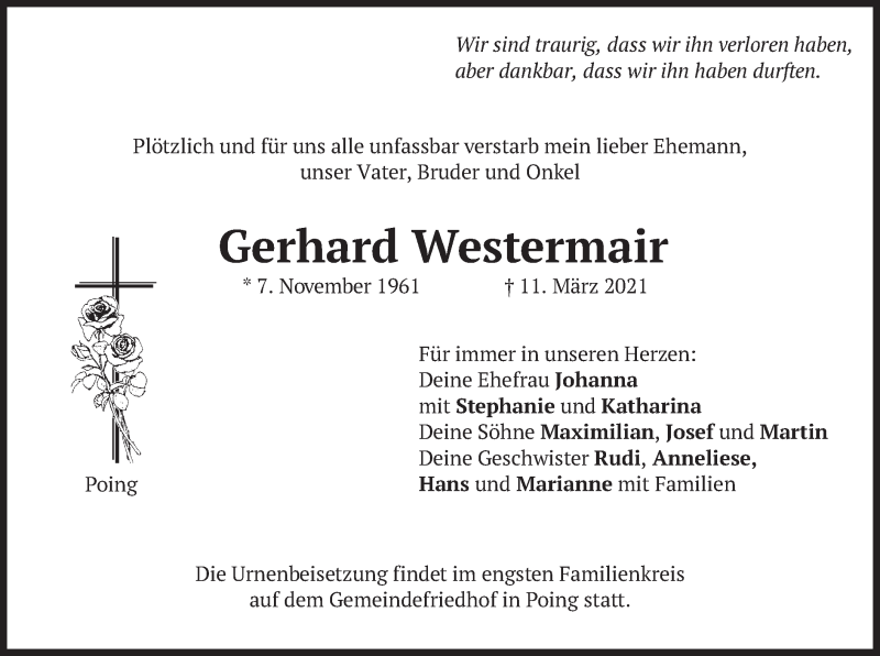  Traueranzeige für Gerhard Westermair vom 16.03.2021 aus merkurtz