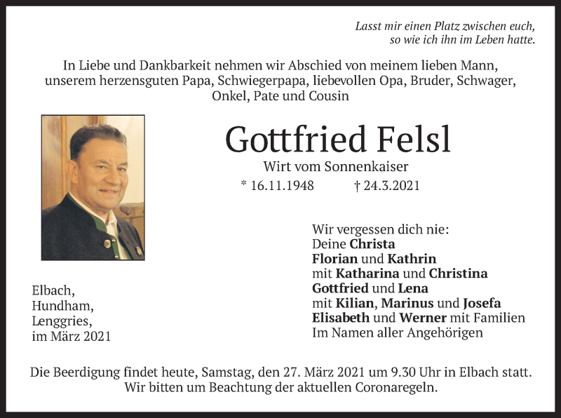  Traueranzeige für Gottfried Felsl vom 27.03.2021 aus merkurtz