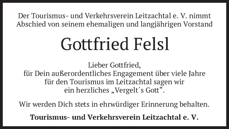  Traueranzeige für Gottfried Felsl vom 30.03.2021 aus merkurtz