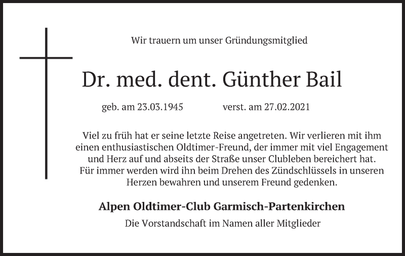  Traueranzeige für Günther Bail vom 06.03.2021 aus merkurtz