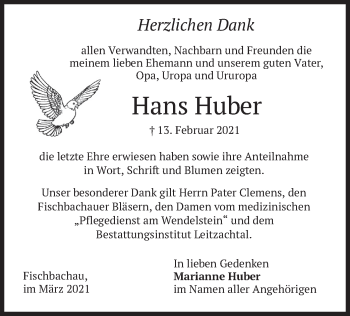 Traueranzeige von Hans Huber von merkurtz