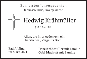 Traueranzeige von Hedwig Krähmüller von merkurtz