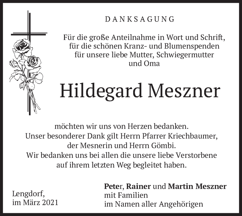  Traueranzeige für Hildegard Meszner vom 05.03.2021 aus merkurtz