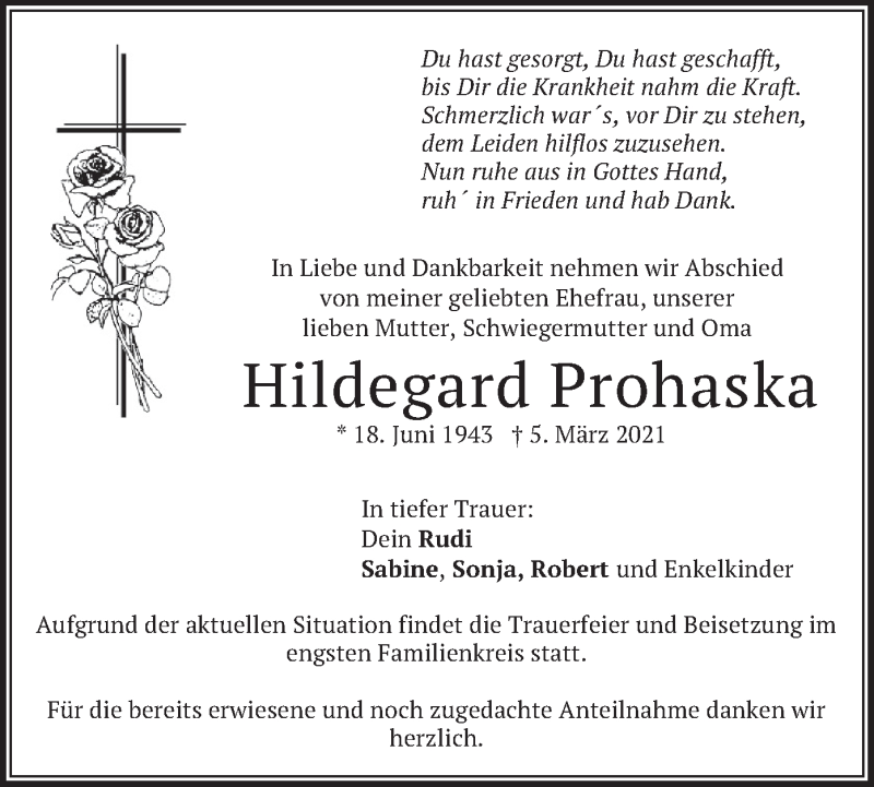  Traueranzeige für Hildegard Prohaska vom 10.03.2021 aus merkurtz