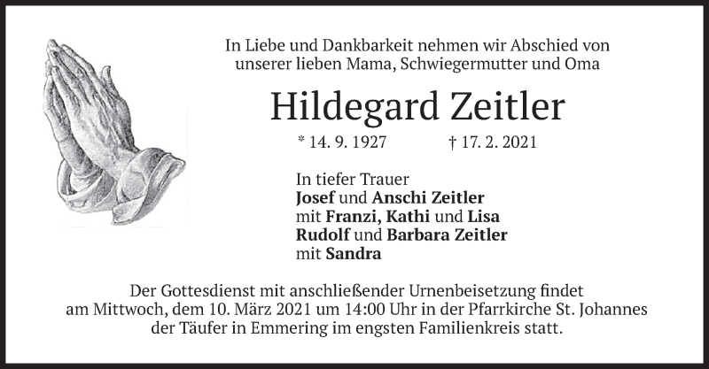 Traueranzeigen Von Hildegard Zeitler | Trauer.merkur.de