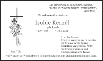 Traueranzeige von Isolde Kerndl von merkurtz