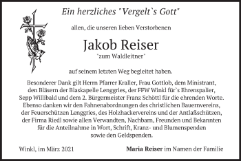 Traueranzeige von Jakob Reiser von merkurtz