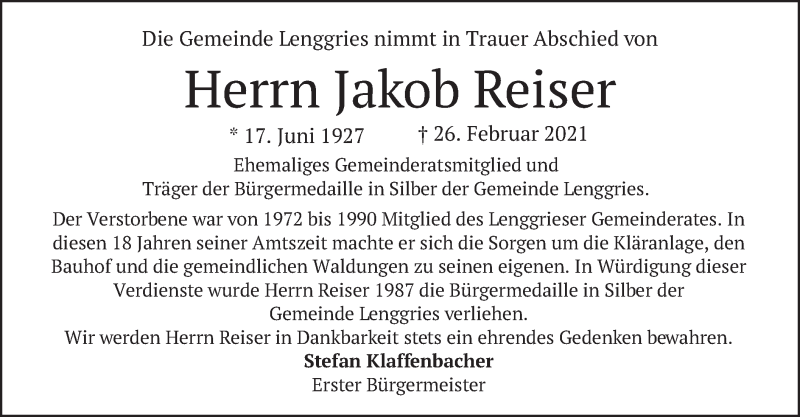 Traueranzeige für Jakob Reiser vom 03.03.2021 aus merkurtz