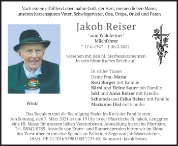 Traueranzeige von Jakob Reiser von merkurtz