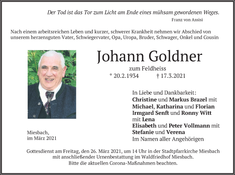 Traueranzeige für Johann Goldner vom 24.03.2021 aus merkurtz
