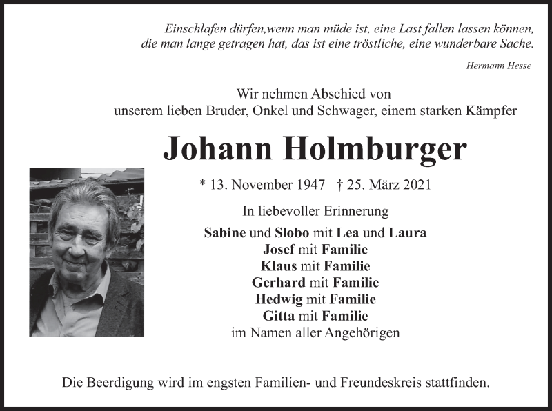  Traueranzeige für Johann Holmburger vom 27.03.2021 aus merkurtz