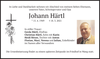 Traueranzeige von Johann Härtl von merkurtz