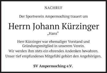 Traueranzeige von Johann Kürzinger