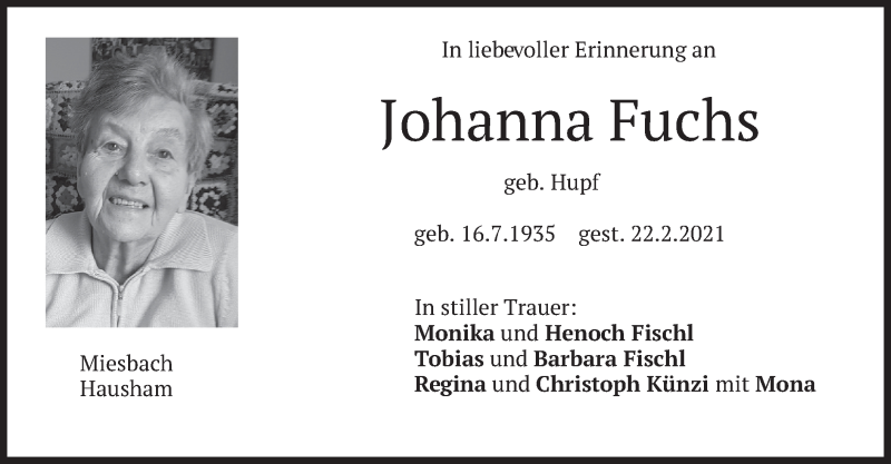  Traueranzeige für Johanna Fuchs vom 06.03.2021 aus merkurtz