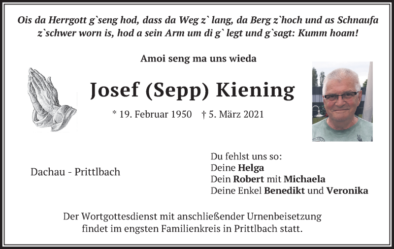  Traueranzeige für Josef Kiening vom 10.03.2021 aus merkurtz