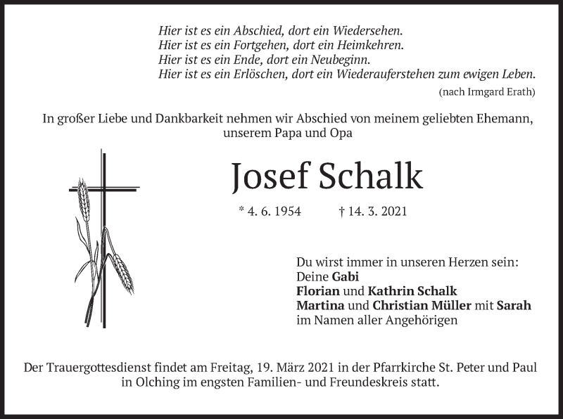  Traueranzeige für Josef Schalk vom 18.03.2021 aus merkurtz