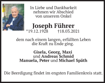 Traueranzeige von Joseph Führer