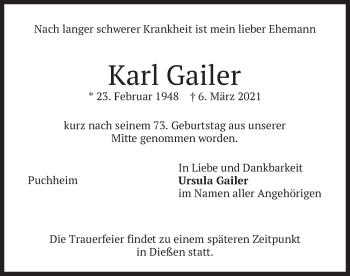 Traueranzeige von Karl Gailer