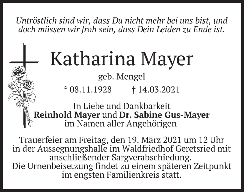  Traueranzeige für Katharina Mayer vom 18.03.2021 aus merkurtz
