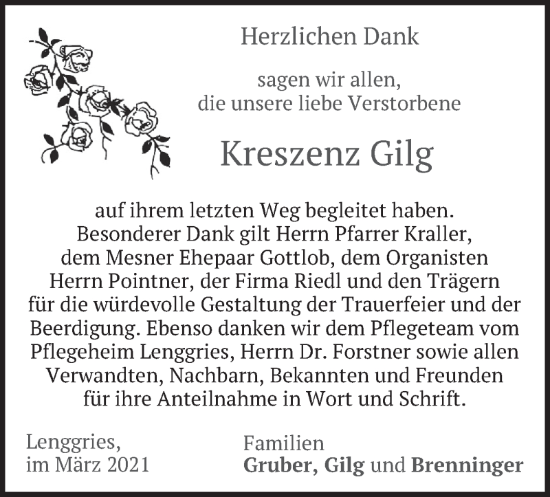  Traueranzeige für Kreszenz Gilg vom 20.03.2021 aus merkurtz