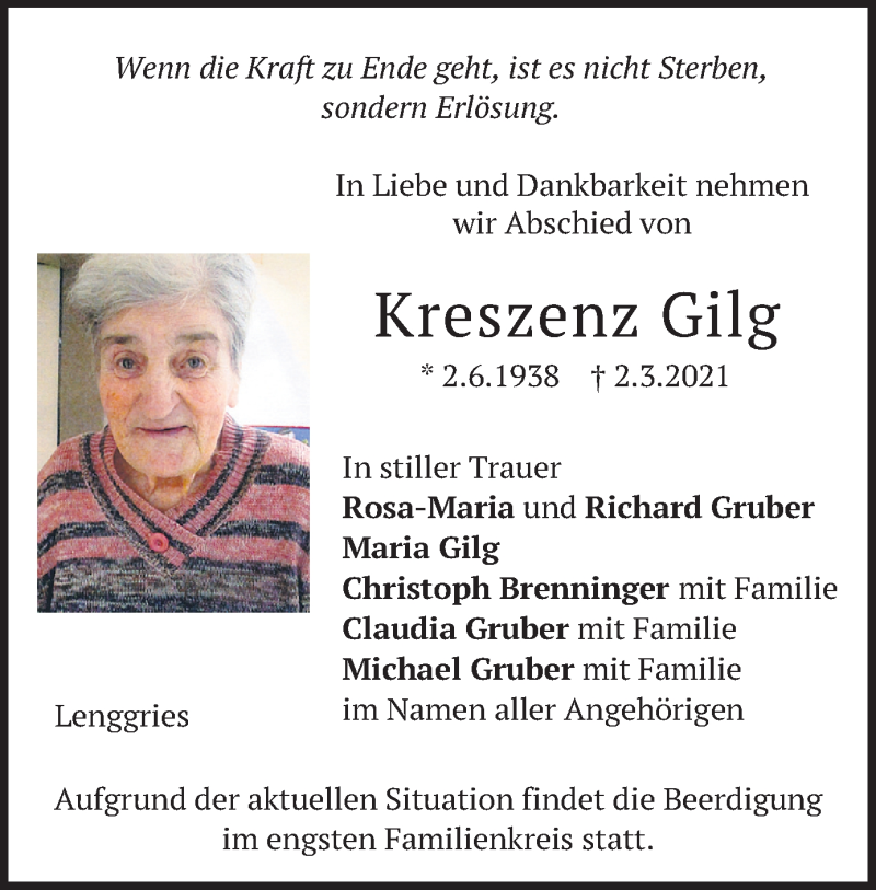  Traueranzeige für Kreszenz Gilg vom 06.03.2021 aus merkurtz