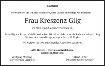 Traueranzeige von Kreszenz Gilg von merkurtz