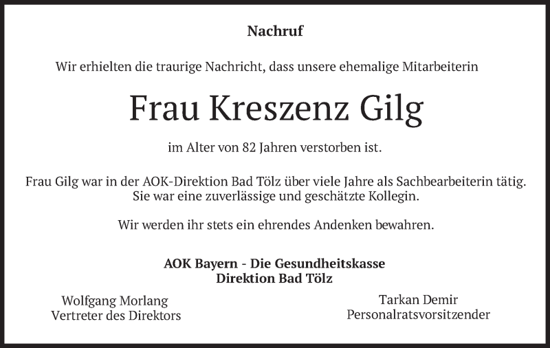  Traueranzeige für Kreszenz Gilg vom 16.03.2021 aus merkurtz