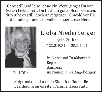 Traueranzeige von Lioba Niederberger von merkurtz