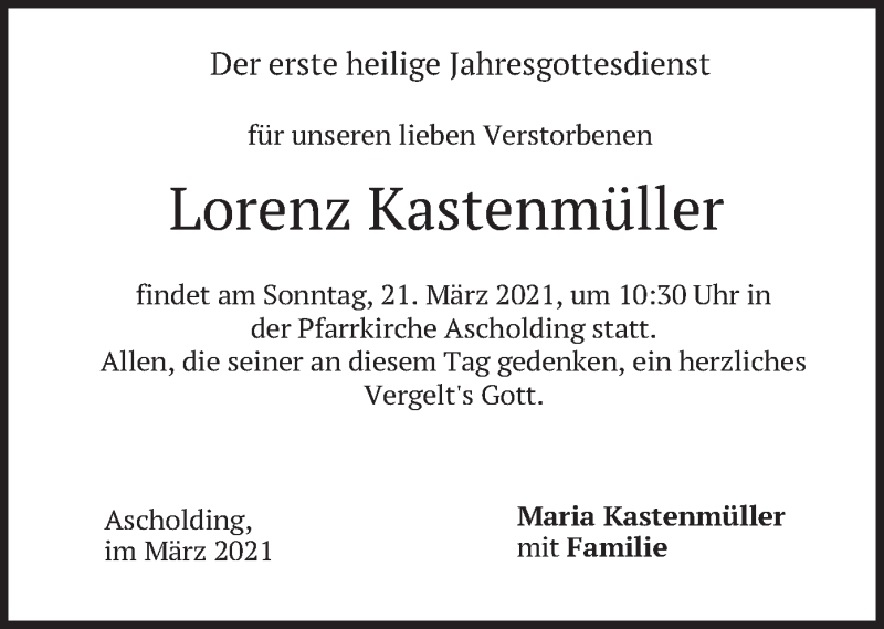 Traueranzeige für Lorenz Kastenmüller vom 20.03.2021 aus merkurtz