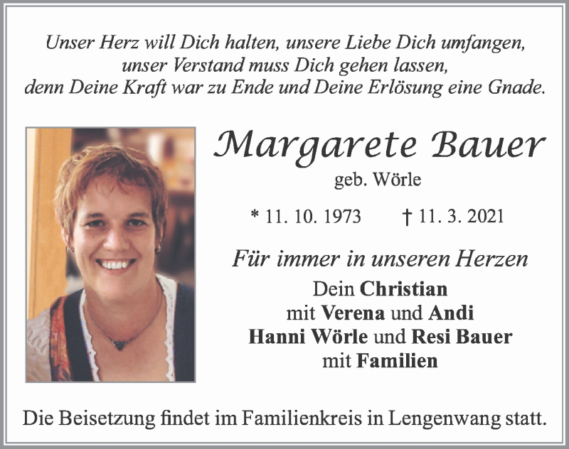  Traueranzeige für Margarete Bauer vom 17.03.2021 aus merkurtz