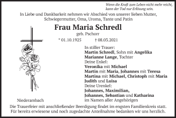 Traueranzeige von Maria Schredl von merkurtz