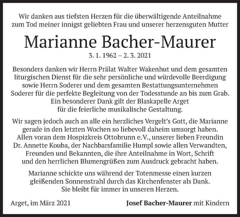  Traueranzeige für Marianne Bacher-Maurer vom 20.03.2021 aus merkurtz