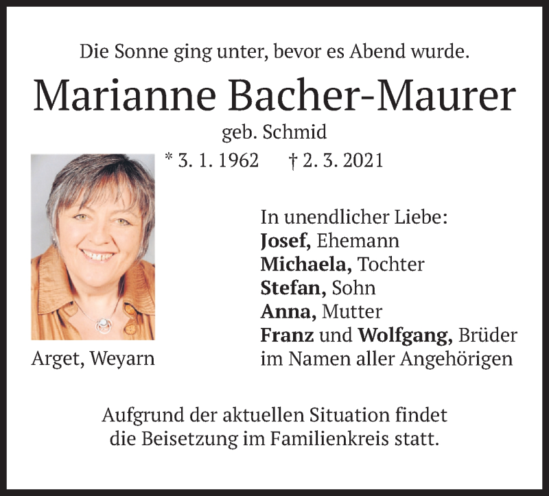  Traueranzeige für Marianne Bacher-Maurer vom 06.03.2021 aus merkurtz