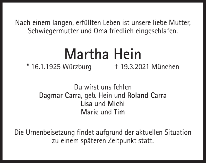  Traueranzeige für Martha Hein vom 26.03.2021 aus merkurtz