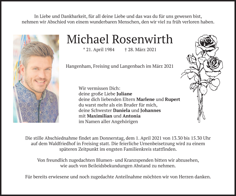  Traueranzeige für Michael Rosenwirth vom 31.03.2021 aus merkurtz