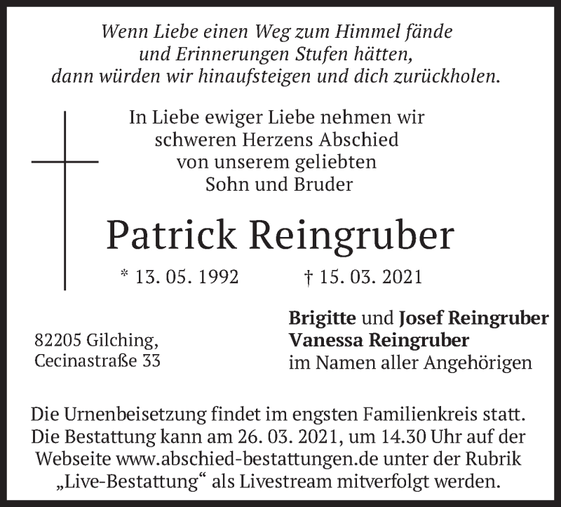  Traueranzeige für Patrick Reingruber vom 24.03.2021 aus merkurtz