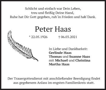 Traueranzeige von Peter Haas von merkurtz