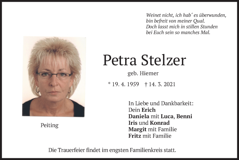  Traueranzeige für Petra Stelzer vom 18.03.2021 aus merkurtz
