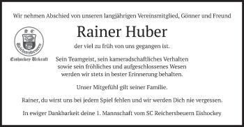 Traueranzeige von Rainer Huber von merkurtz