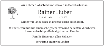 Traueranzeige von Rainer Huber von merkurtz