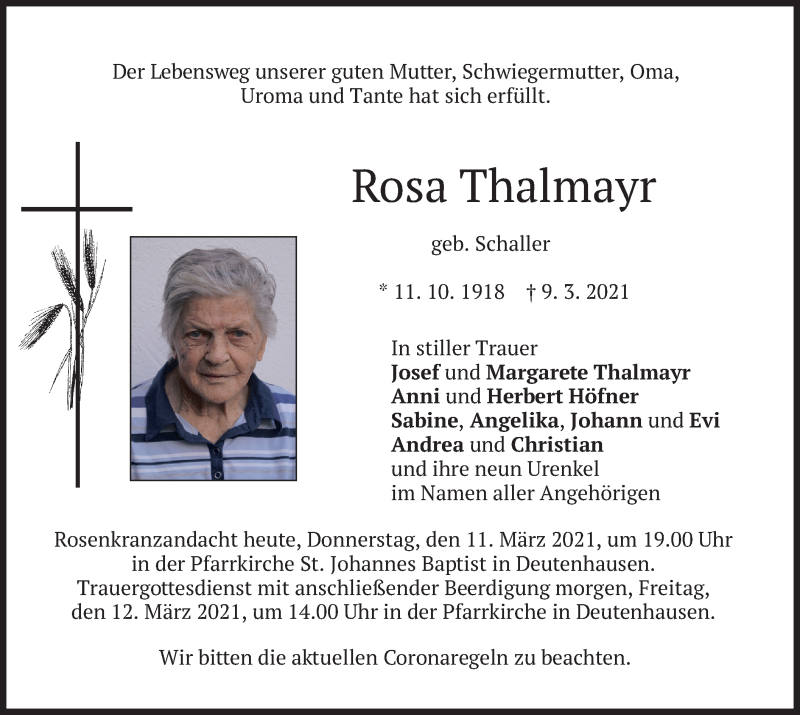  Traueranzeige für Rosa Thalmayr vom 11.03.2021 aus merkurtz